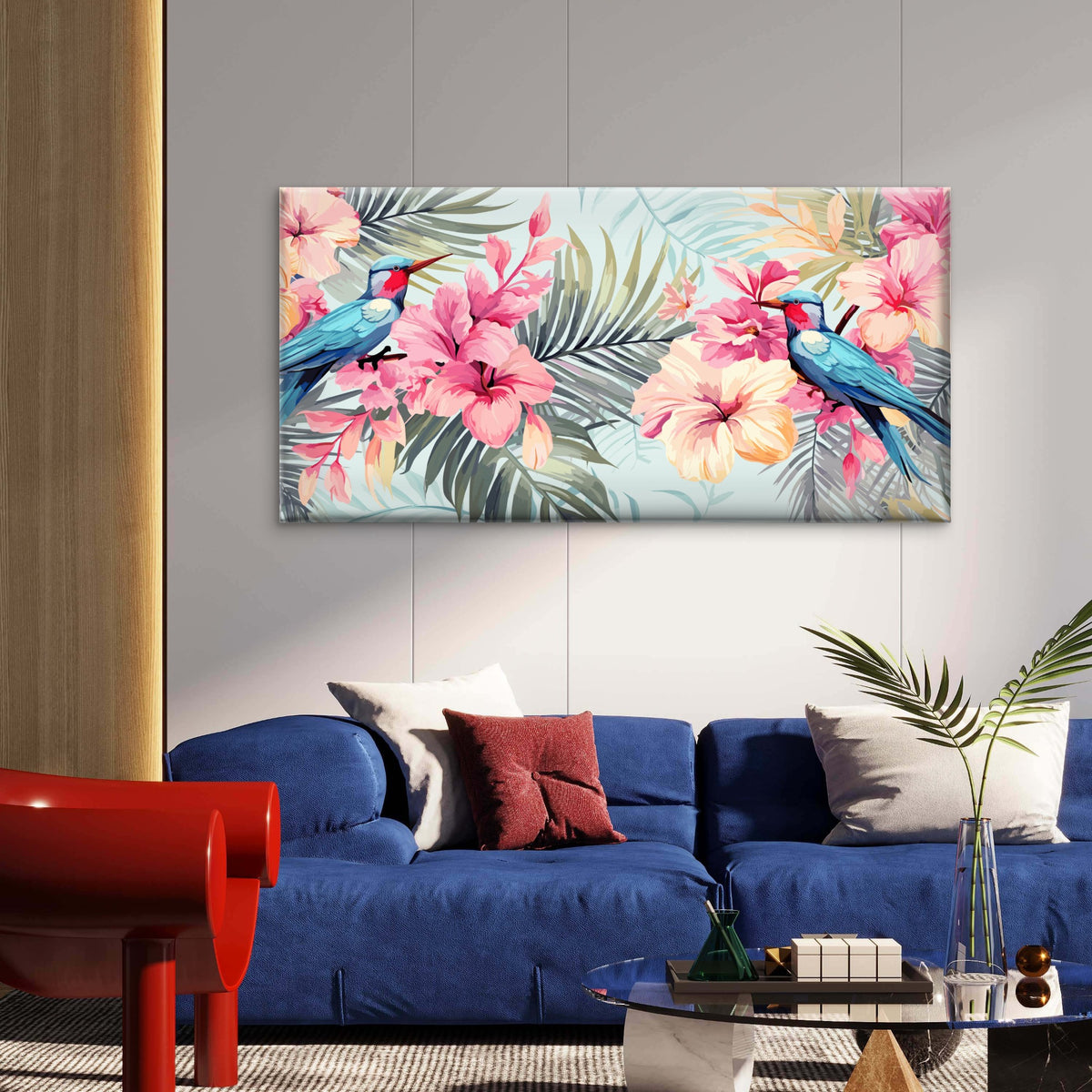 Paradise Blue Bird Hibiscus Wall Art Canvas Office Home Room Framed 120x60cm