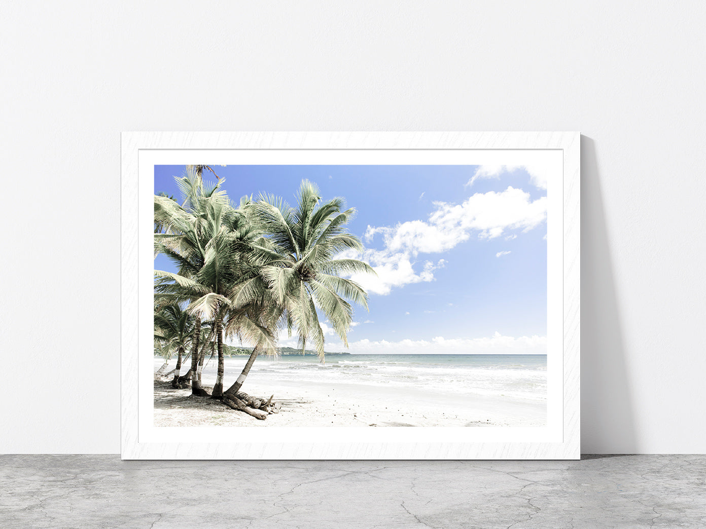 Palm Trees near Sea & Cloudy Blue Sky Photograph Glass Framed Wall Art, Ready to Hang Quality Print With White Border White