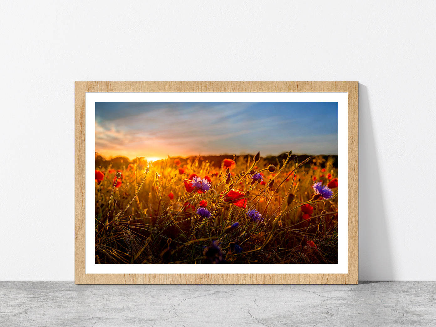 Red & Purple Flowers Meadow Glass Framed Wall Art, Ready to Hang Quality Print With White Border Oak