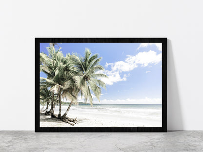 Palm Trees near Sea & Cloudy Blue Sky Photograph Glass Framed Wall Art, Ready to Hang Quality Print Without White Border Black