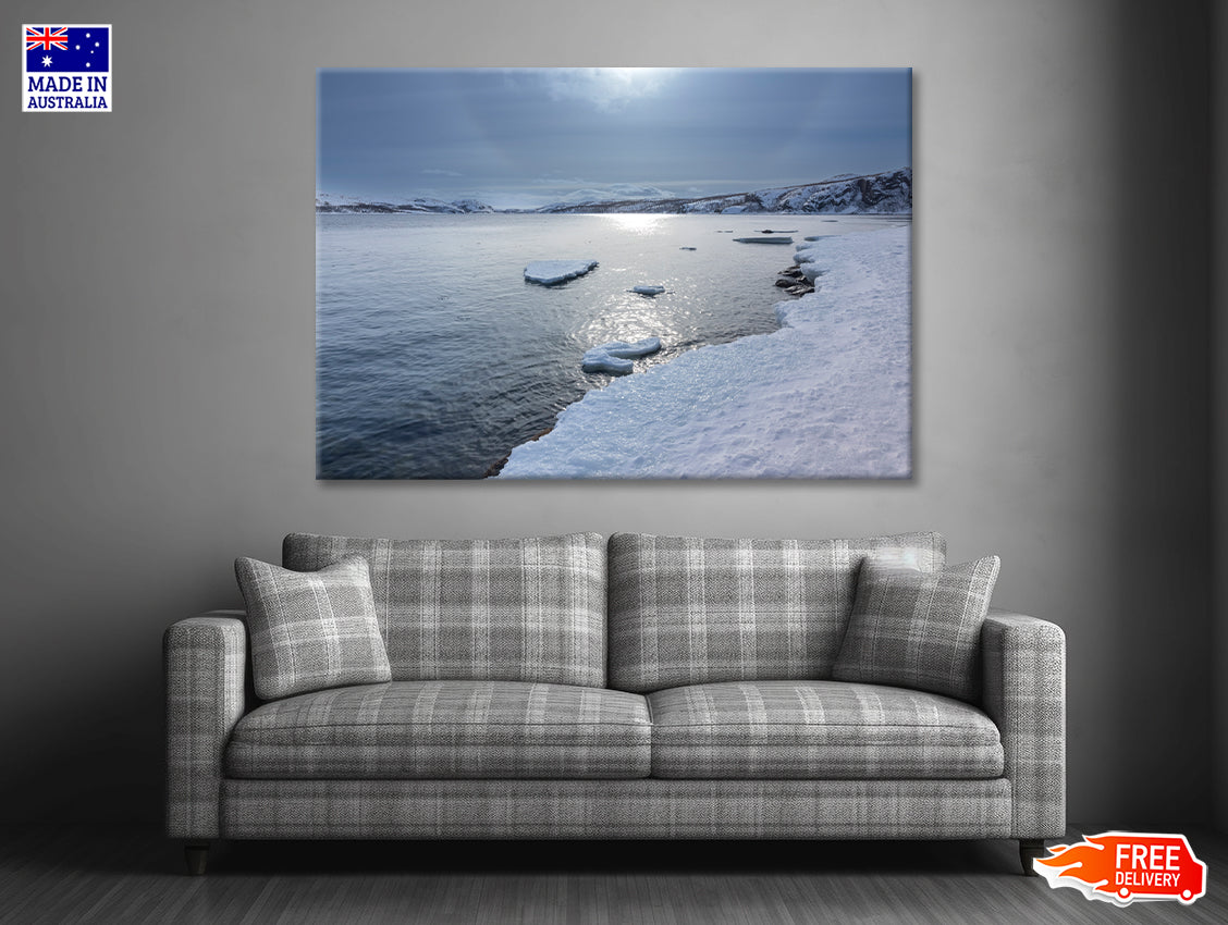 Winter Scene with the Lake Covered In Ice and Snow Print 100% Australian Made