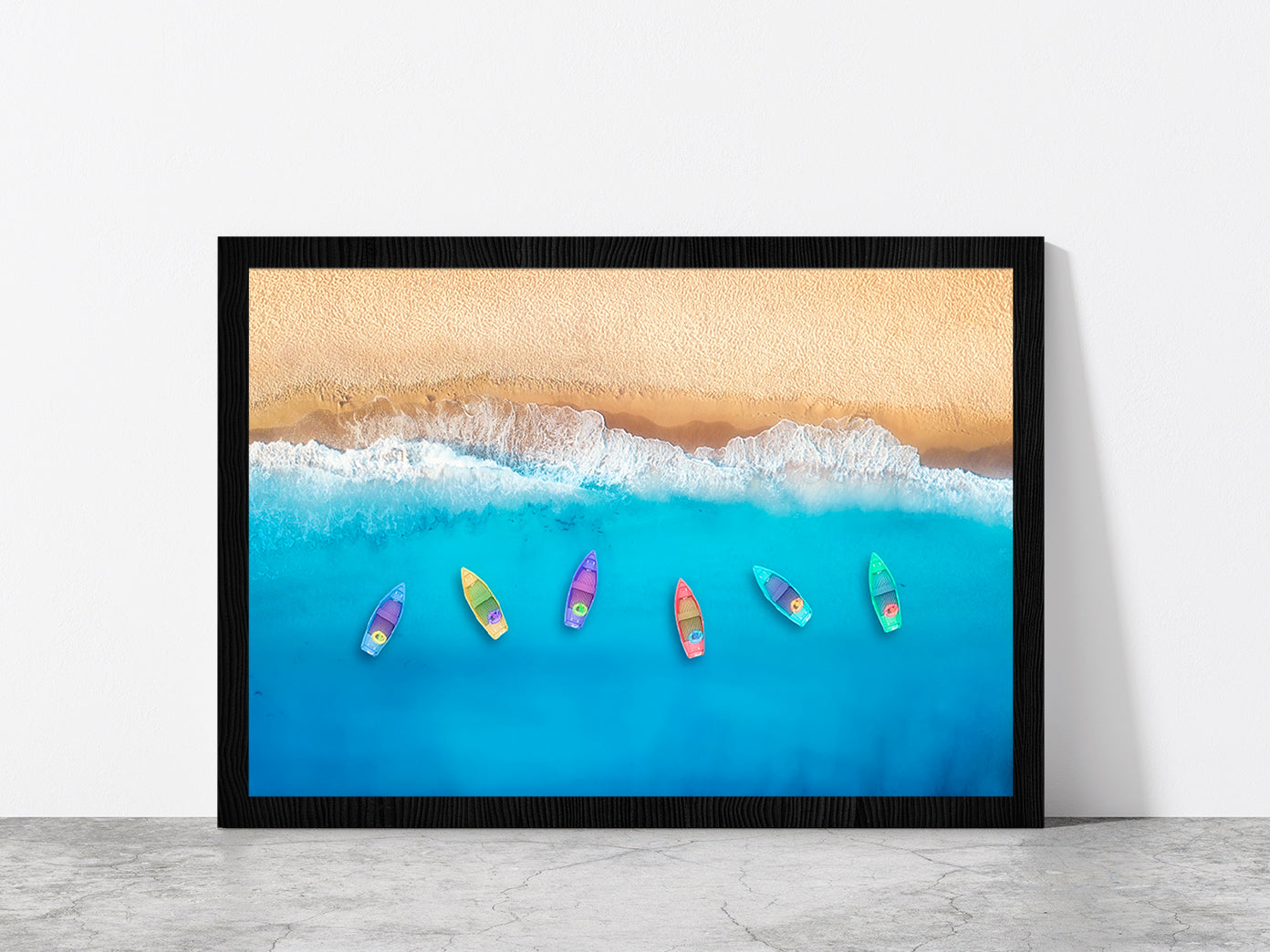 Colorful Boats On Beach Glass Framed Wall Art, Ready to Hang Quality Print Without White Border Black