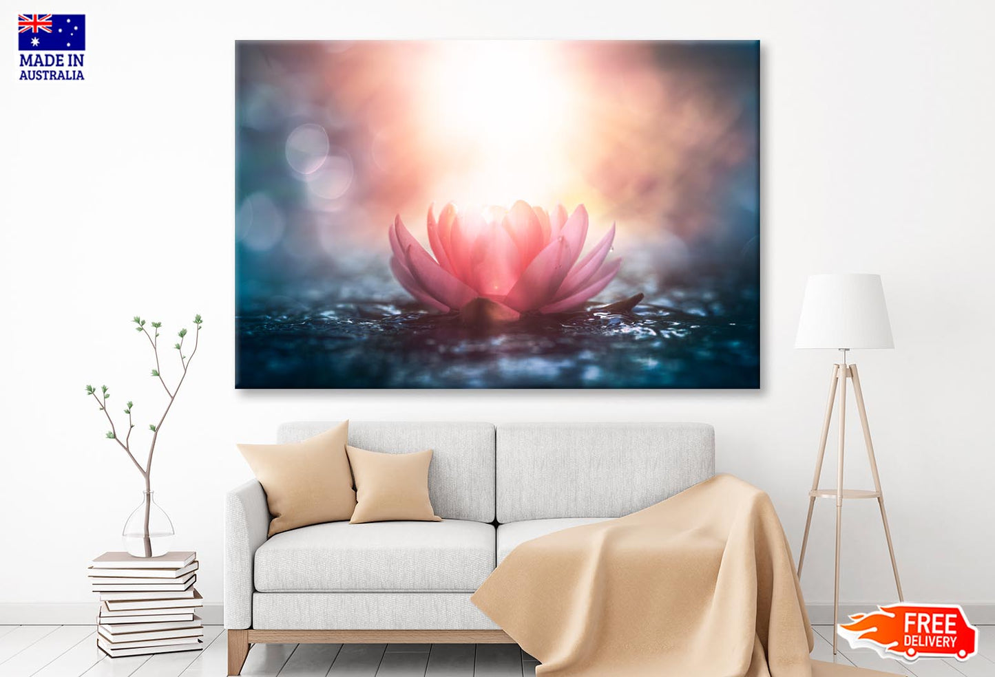 Pink Flower On Water & Sunlight View Wall Art Decor 100% Australian Made