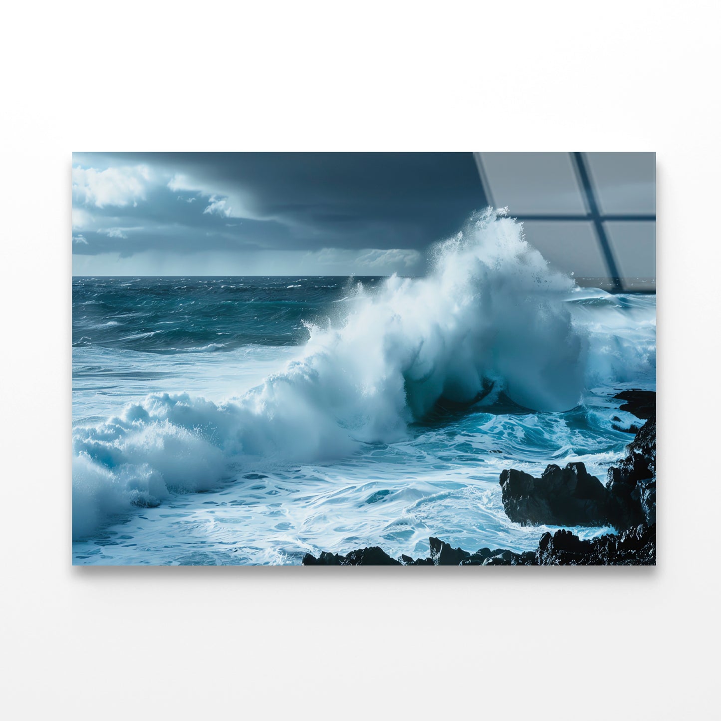 Large Wave Crashing Into Rocks, Sky Acrylic Glass Print Tempered Glass Wall Art 100% Made in Australia Ready to Hang