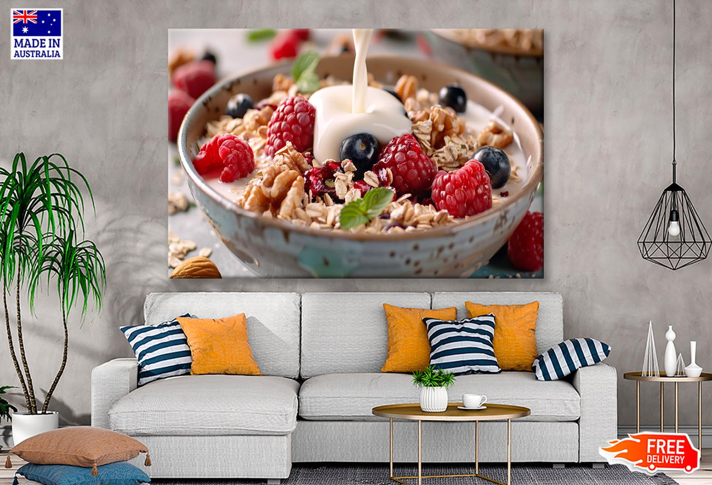 Close Up of Milk Pouring onto Oats Wall Art Decor 100% Australian Made