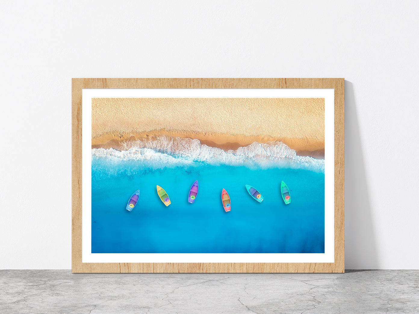 Colorful Boats On Beach Glass Framed Wall Art, Ready to Hang Quality Print With White Border Oak