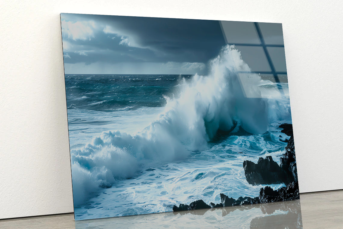 Large Wave Crashing Into Rocks, Sky Acrylic Glass Print Tempered Glass Wall Art 100% Made in Australia Ready to Hang