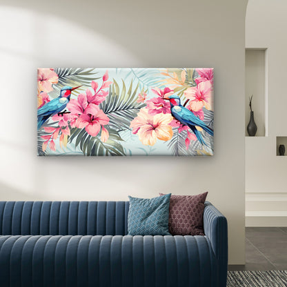 Paradise Blue Bird Hibiscus Wall Art Canvas Office Home Room Framed 120x60cm