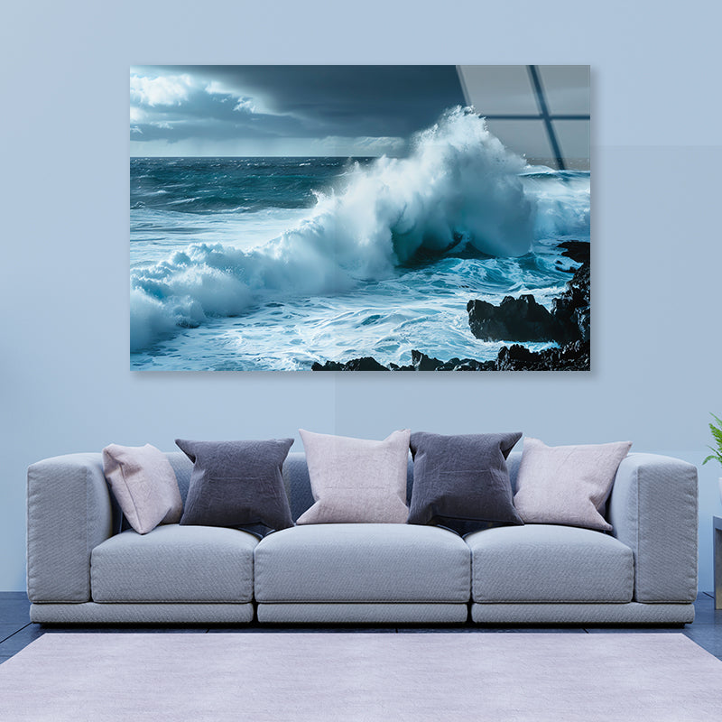 Large Wave Crashing Into Rocks, Sky Acrylic Glass Print Tempered Glass Wall Art 100% Made in Australia Ready to Hang