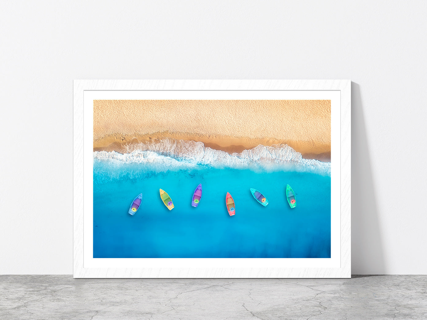 Colorful Boats On Beach Glass Framed Wall Art, Ready to Hang Quality Print With White Border White