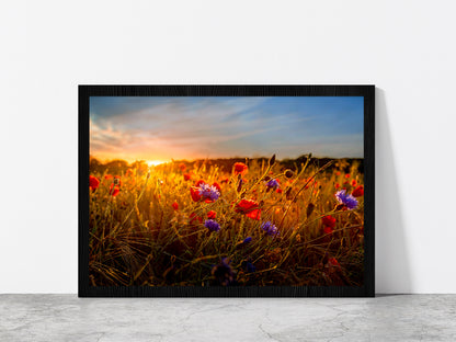 Red & Purple Flowers Meadow Glass Framed Wall Art, Ready to Hang Quality Print Without White Border Black