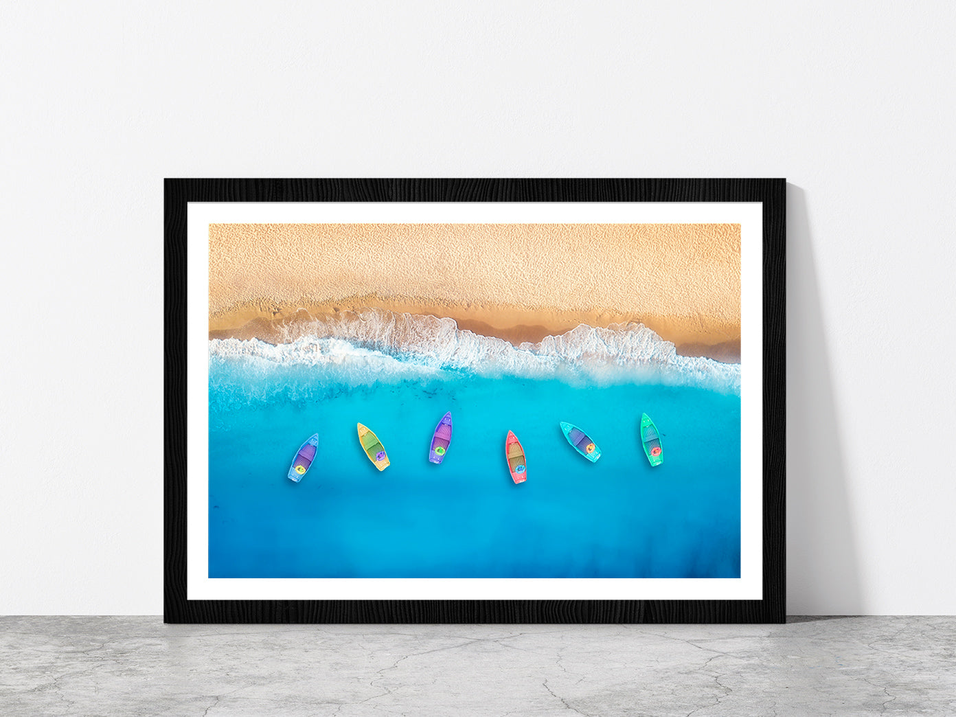 Colorful Boats On Beach Glass Framed Wall Art, Ready to Hang Quality Print With White Border Black