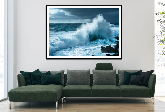 Large Wave Crashing Into Rocks, Sky Home Decor Premium Quality Poster Print Choose Your Sizes