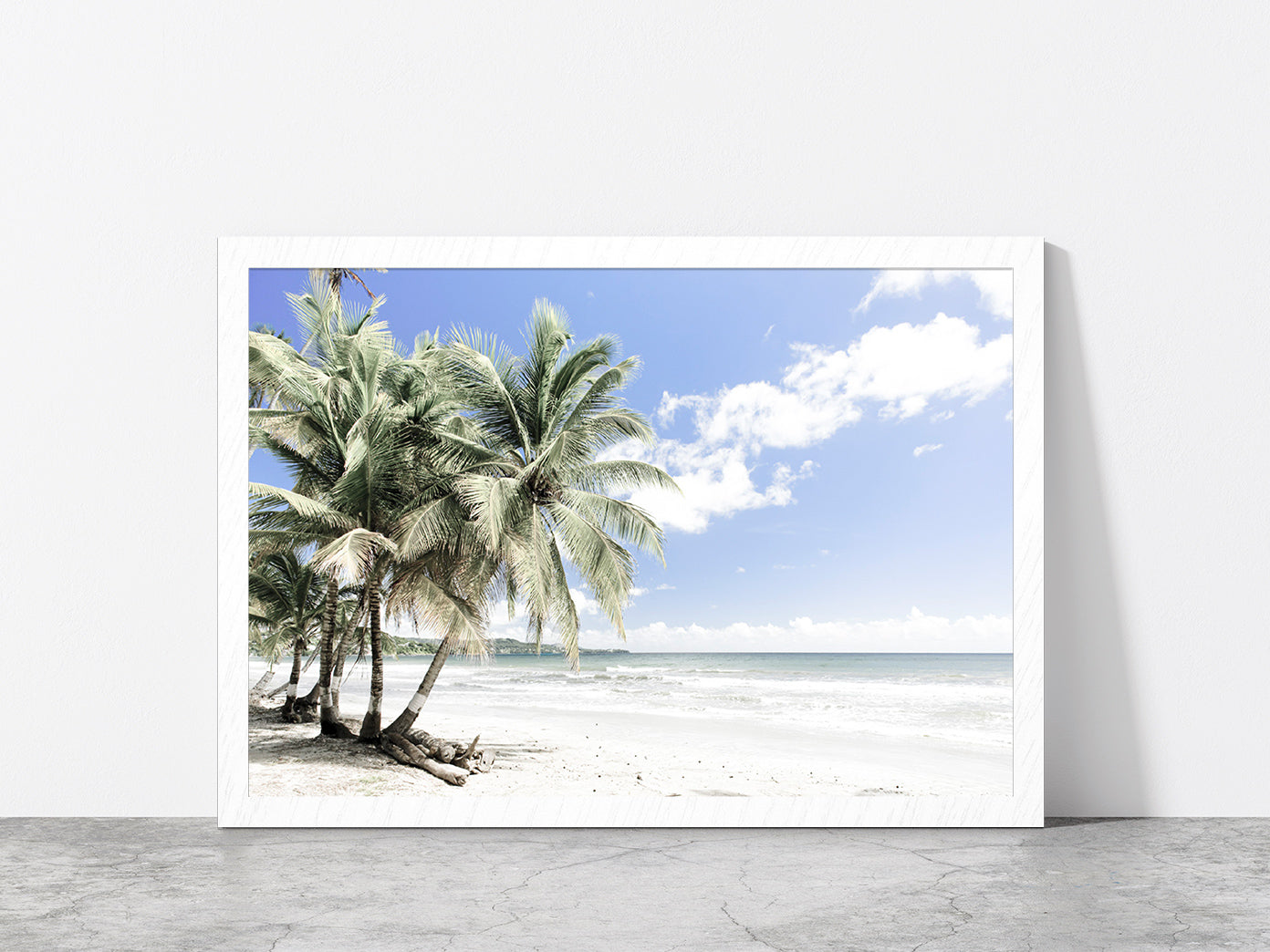 Palm Trees near Sea & Cloudy Blue Sky Photograph Glass Framed Wall Art, Ready to Hang Quality Print Without White Border White