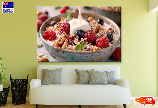 Close Up of Milk Pouring onto Oats Wall Art Decor 100% Australian Made