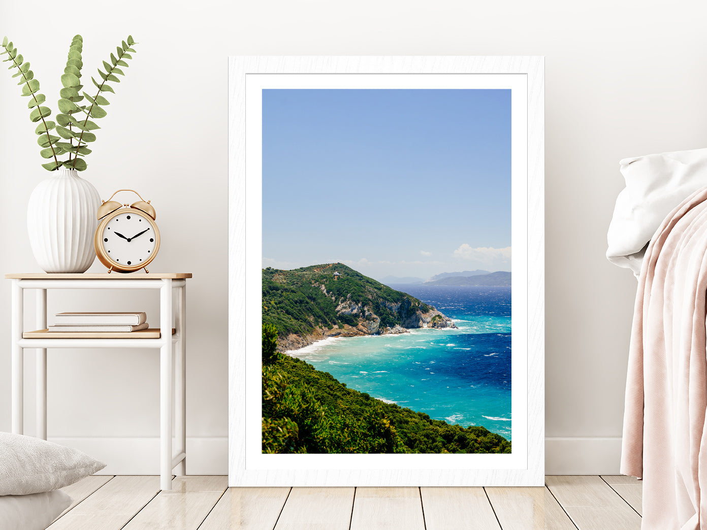 Blue Aegean Sea Coast & Forest Photograph Glass Framed Wall Art, Ready to Hang Quality Print With White Border White