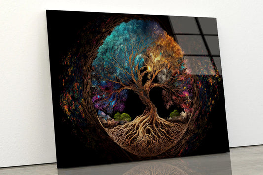 Oval Shaped Colorful Life of Tree Acrylic Glass Print Tempered Glass Wall Art 100% Made in Australia Ready to Hang