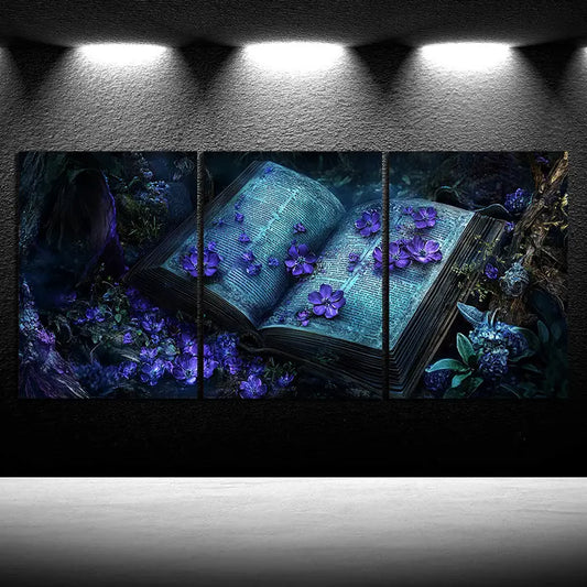 3pcs Purple Flowers in Books Metal Print Ready to Hang Art