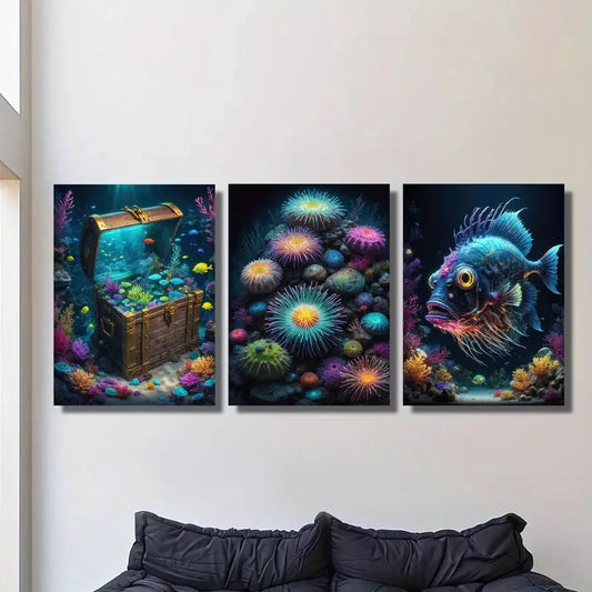 3pcs Luminous Marine Life, Treasure Chest Underwater Metal Print Ready to Hang Art