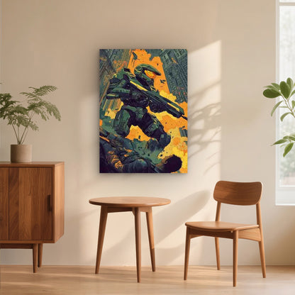 Green Armor Warrior with Gun in City Ruins 40x60cm Metal Print Ready to Hang