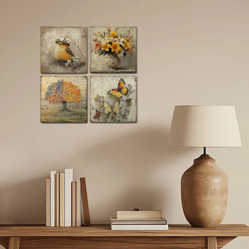 4pcs Bird, Tree And Butterfly,Yellow Flower Vase Wall Art Canvas Framed