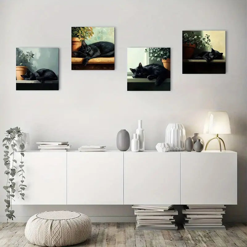 4pcs Black Cat Sitting On Windowsill With Plant Wall Art Canvas Framed