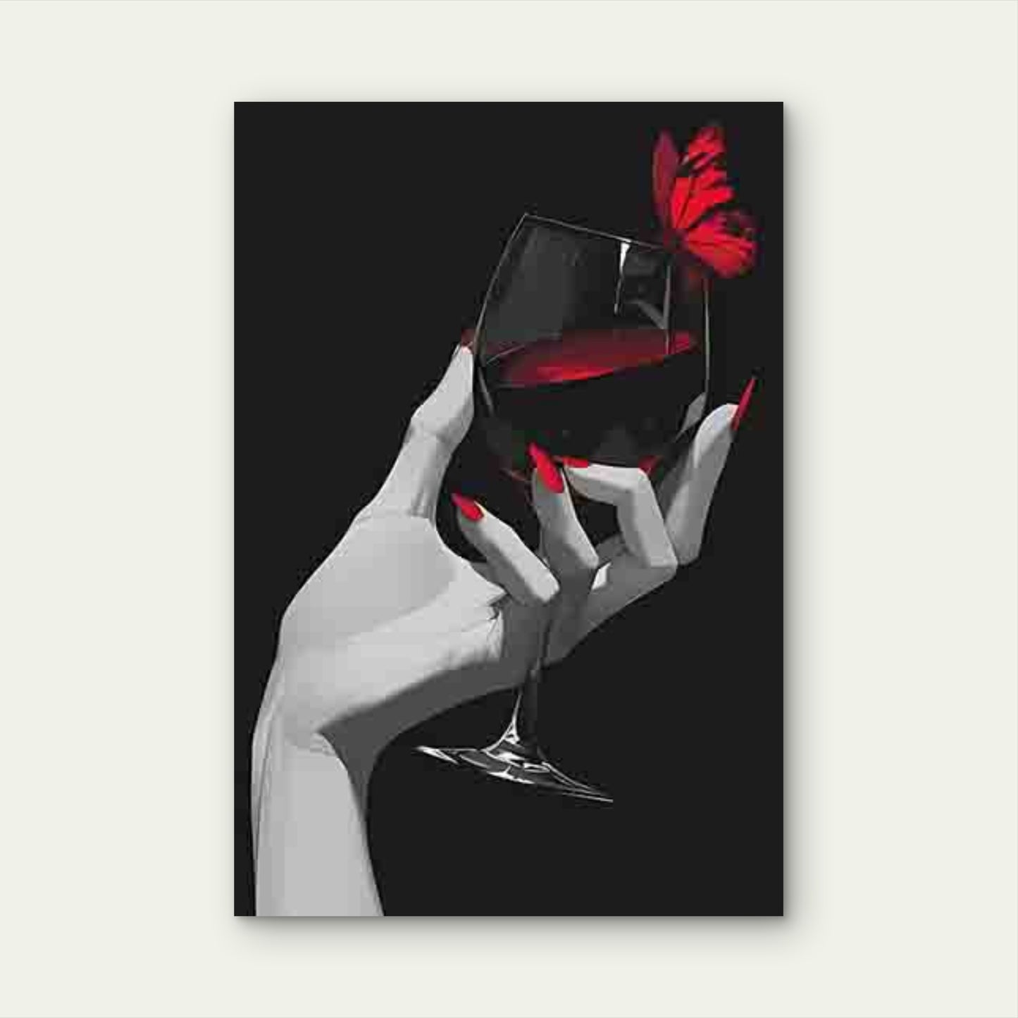 Hand Holding a Wine Glass with a Red Butterfly 60x90cm Metal Print Ready to Hang