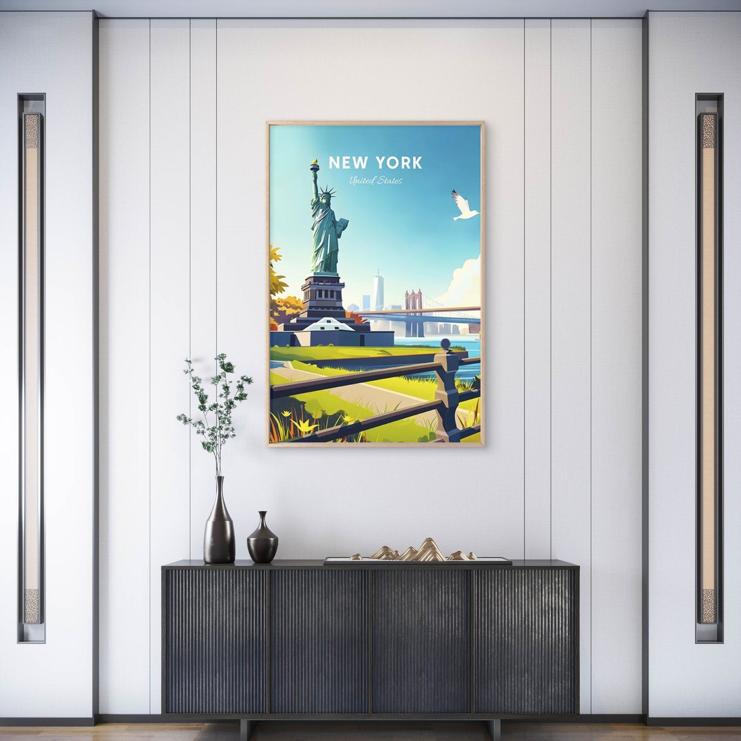 New York Statue of Liberty & Brooklyn Travel Poster Print Wall Art