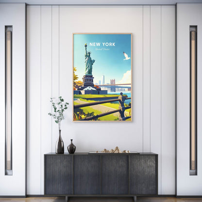 New York Statue of Liberty & Brooklyn Travel Poster Print Wall Art