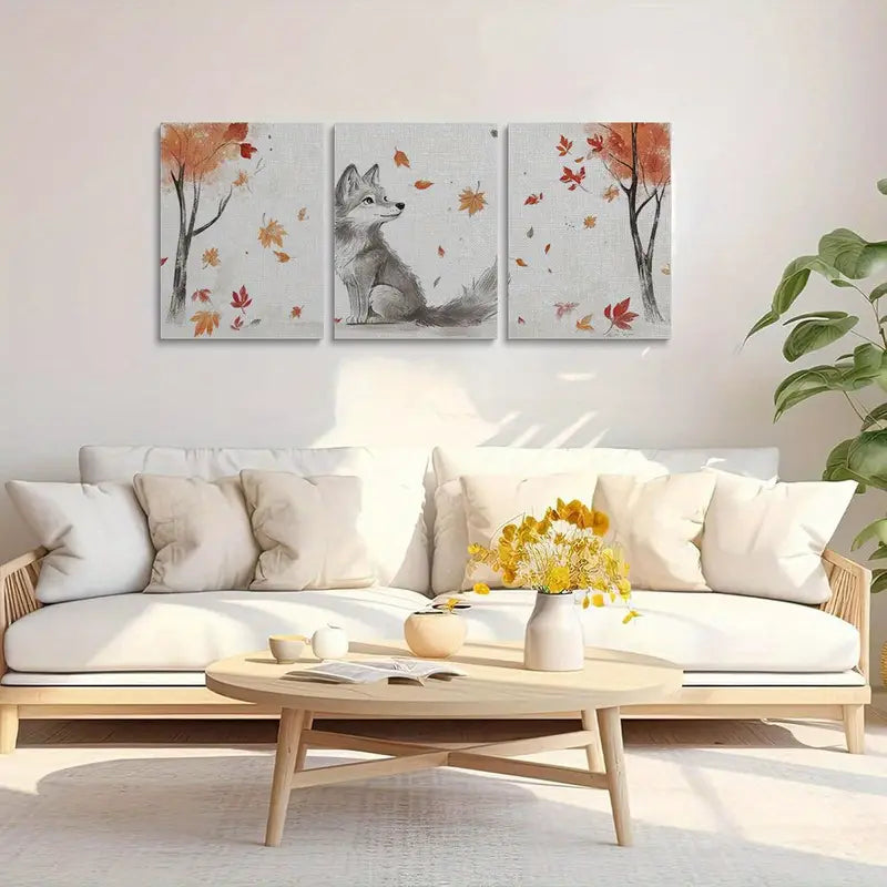 3pcs Autumn Leaf Design and Wolf Stunning Metal Print Ready to Hang Art