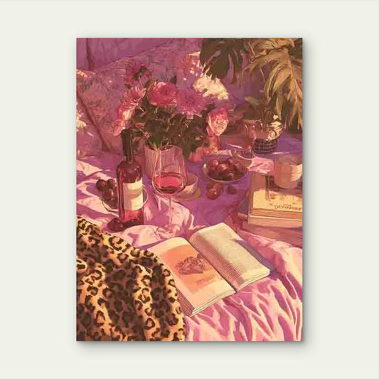 Pink Leopard Bedroom Wine in Bed Metal Print Ready to Hang