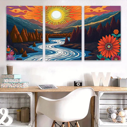 3pcs Vibrant River Sunset Nature Landscape Wall Art Set Canvas Framed 60x90cm - High Quality Print 100% Australian Made Wall Canvas Ready to Hang