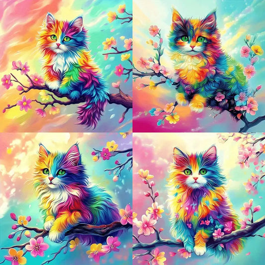 4pcs Vibrant Rainbow Cat Wall Art Canvas Framed