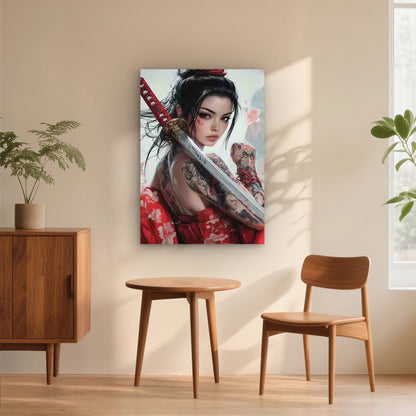 Woman in a Red Kimono, Holding a Sword 60x90cm Metal Print Ready to Hang
