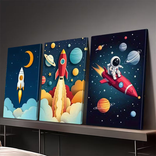 3pcs Vibrant Cartoon Rockets & Astronauts Wall Art Set Canvas Framed 40x60cm - High Quality Print 100% Australian Made Wall Canvas Ready to Hang