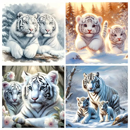 4pcs White Tiger Family Wall Art Canvas Framed