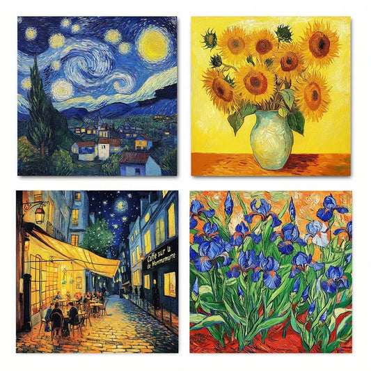 4pcs Beautiful Scenery Flowers Starry Wall Art Canvas Framed