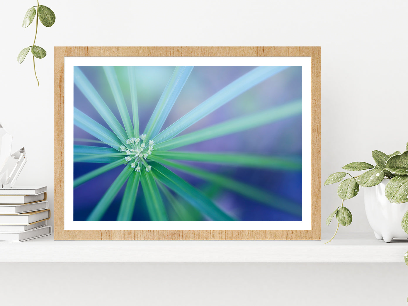 Palm Leaf Macro View Nature Glass Framed Wall Art, Ready to Hang Quality Print With White Border Oak