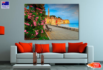 Old Town of Rovinj with Beautiful Pink Oleander Flowers  Wall Art Decor 100% Australian Made