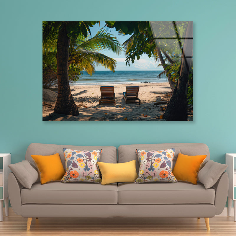 Coconut Trees and Beach Chairs Acrylic Glass Print Tempered Glass Wall Art 100% Made in Australia Ready to Hang