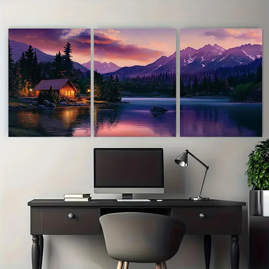 3pcs Lakeside Cabin & Blue Mountain Metal Print Ready to Hang Art