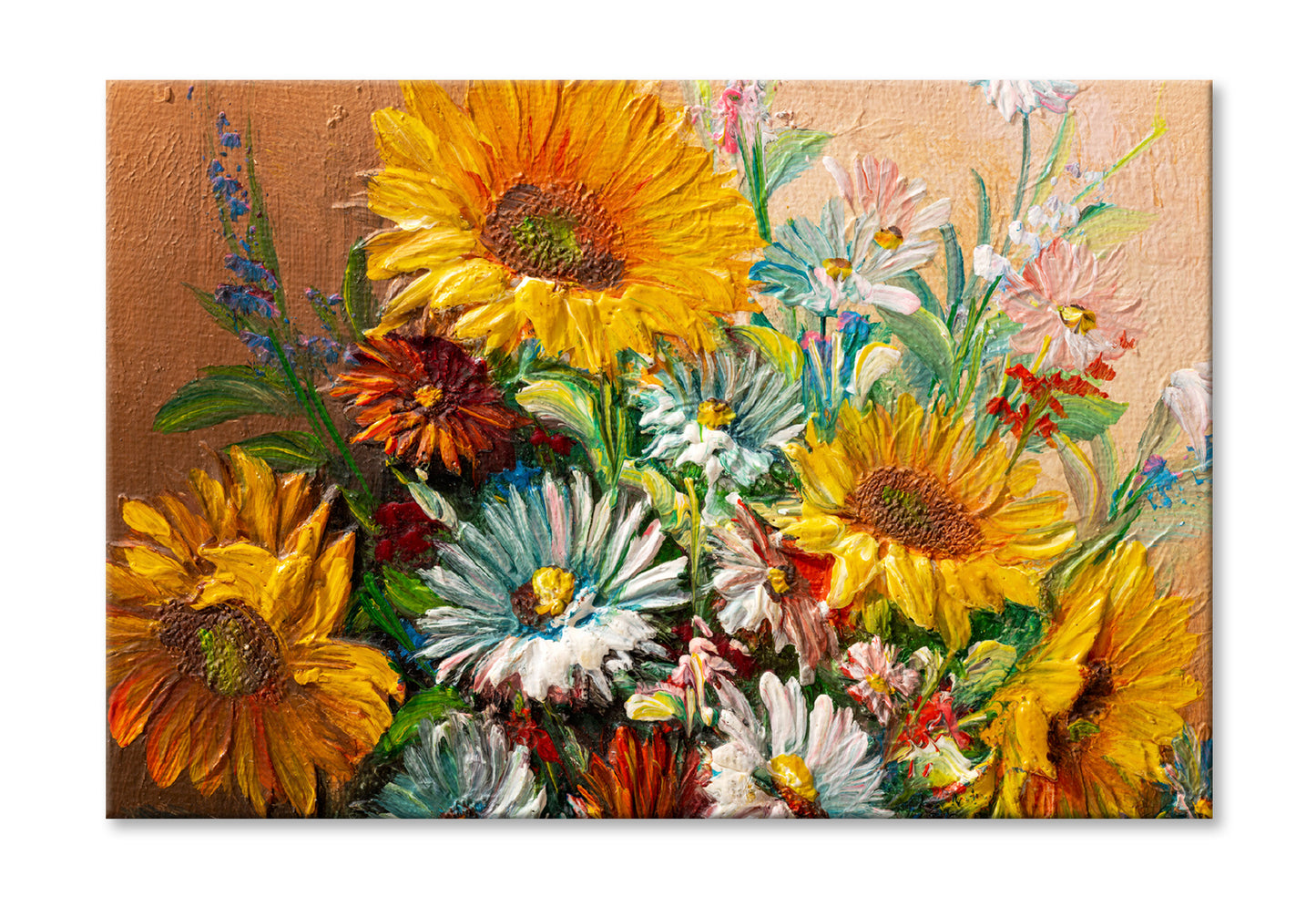 Colorful Flowers with Leaves Closeup Oil Painting Wall Art Limited Edition High Quality Print Stretched Canvas None