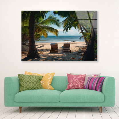 Coconut Trees and Beach Chairs Acrylic Glass Print Tempered Glass Wall Art 100% Made in Australia Ready to Hang