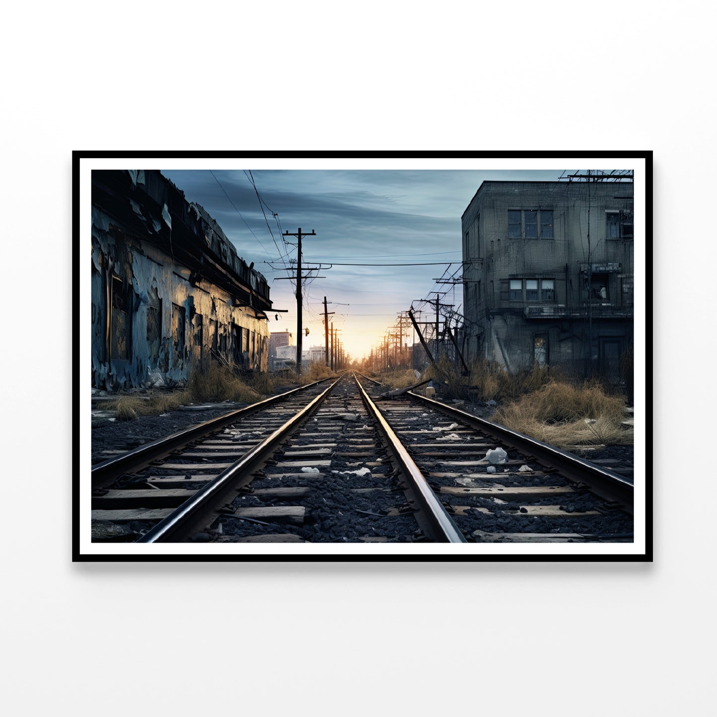 Train Tracks Running Next To a Building with Sunset Home Decor Premium Quality Poster Print Choose Your Sizes