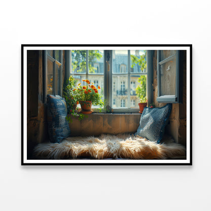 A Fluffy Pillow Resting On a Window Seat Home Decor Premium Quality Poster Print Choose Your Sizes