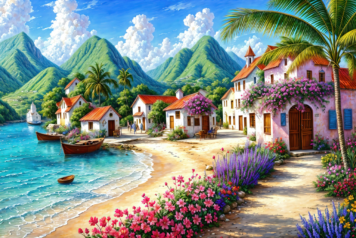 Painting Of a Village with Mountains, Houses, a Beach Print 100% Australian Made