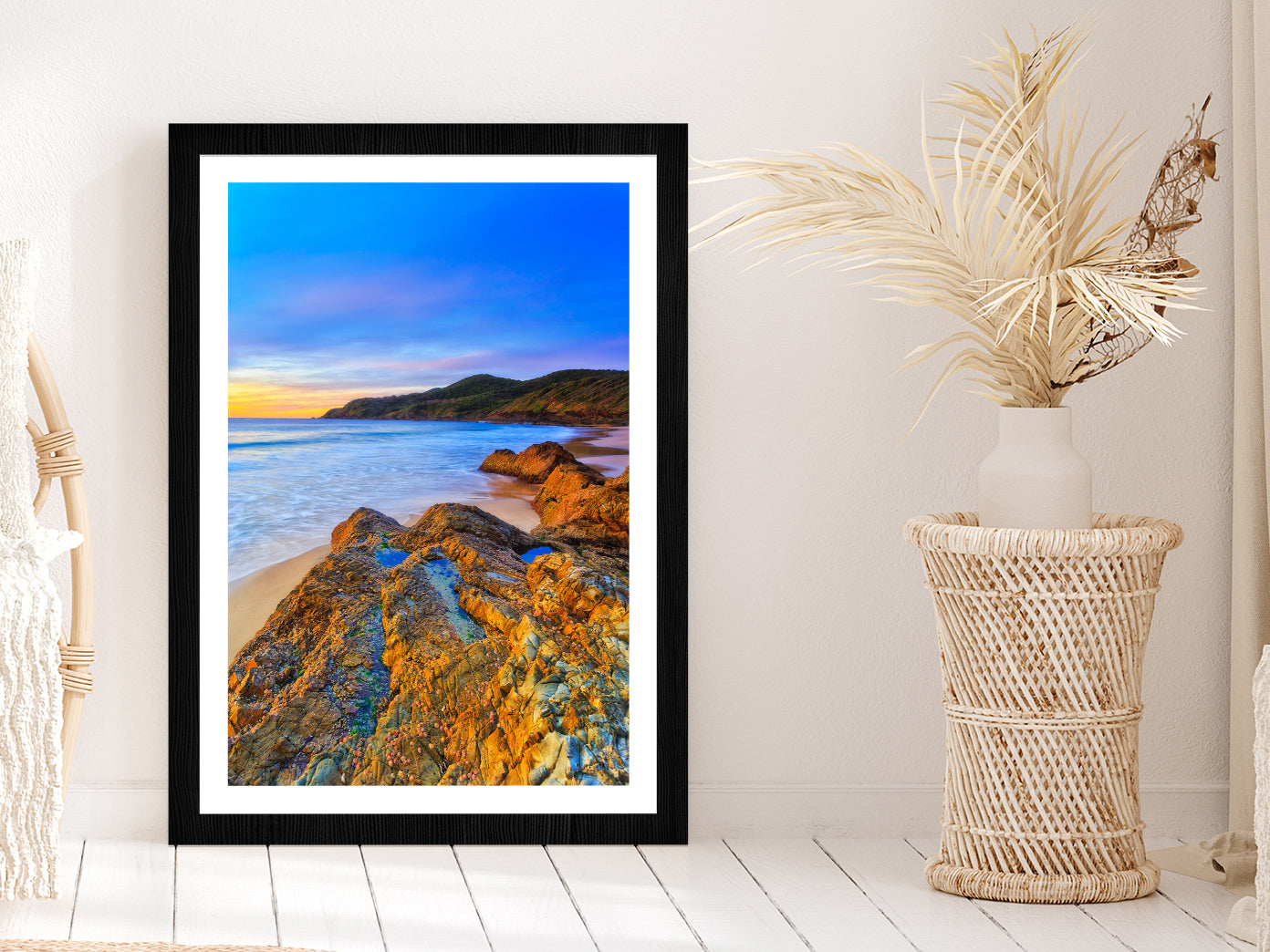 Seascape Sunrise at Burgess Beach Photograph Glass Framed Wall Art, Ready to Hang Quality Print With White Border Black