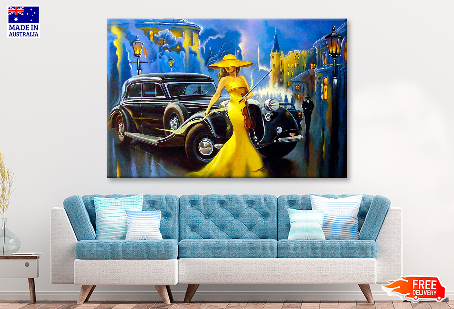 Car and Girl, Old City Oil Painting Wall Art Limited Edition High Quality Print