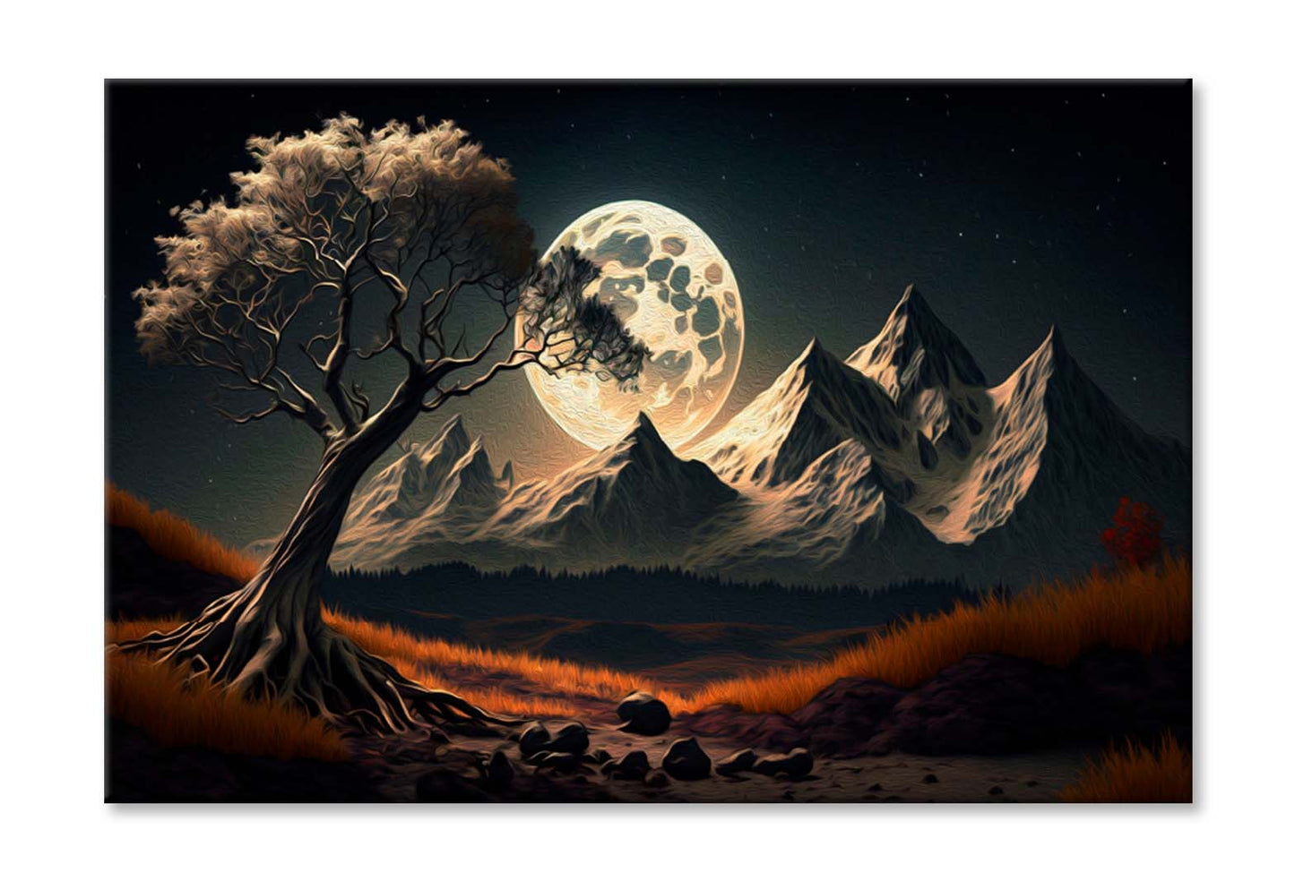 Mountains and White Moon in Dark 3d Wall Art Limited Edition High Quality Print