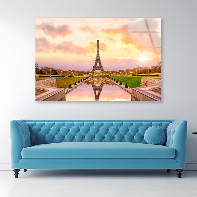 View Of the Eiffel Tower from The Reflecting Pool Acrylic Glass Print Tempered Glass Wall Art 100% Made in Australia Ready to Hang